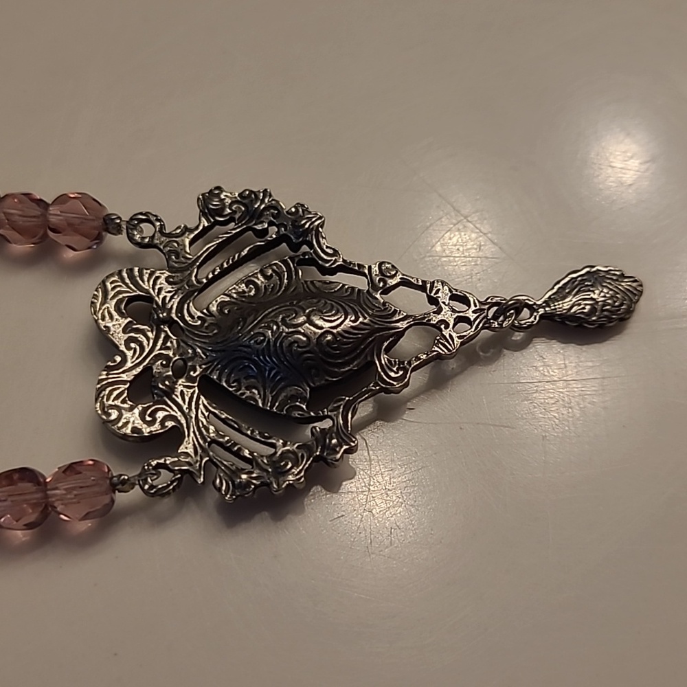 1928 Purple & Pink Crystals Ornate Pendant Sparkling Glass Beaded Necklace - Picture 14 of 16